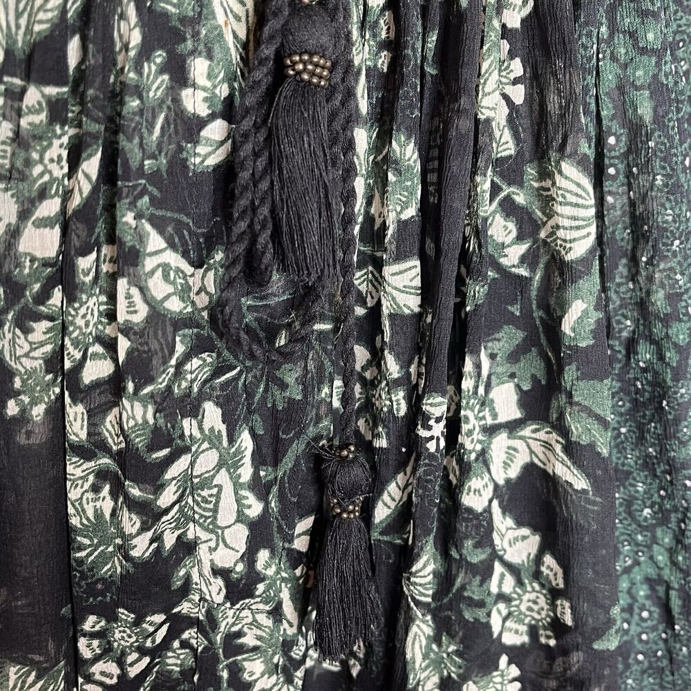 Free People Floral Sheer Blouse Green Womens Small Tasseled Cottage Forest fairy - Picture 6 of 9